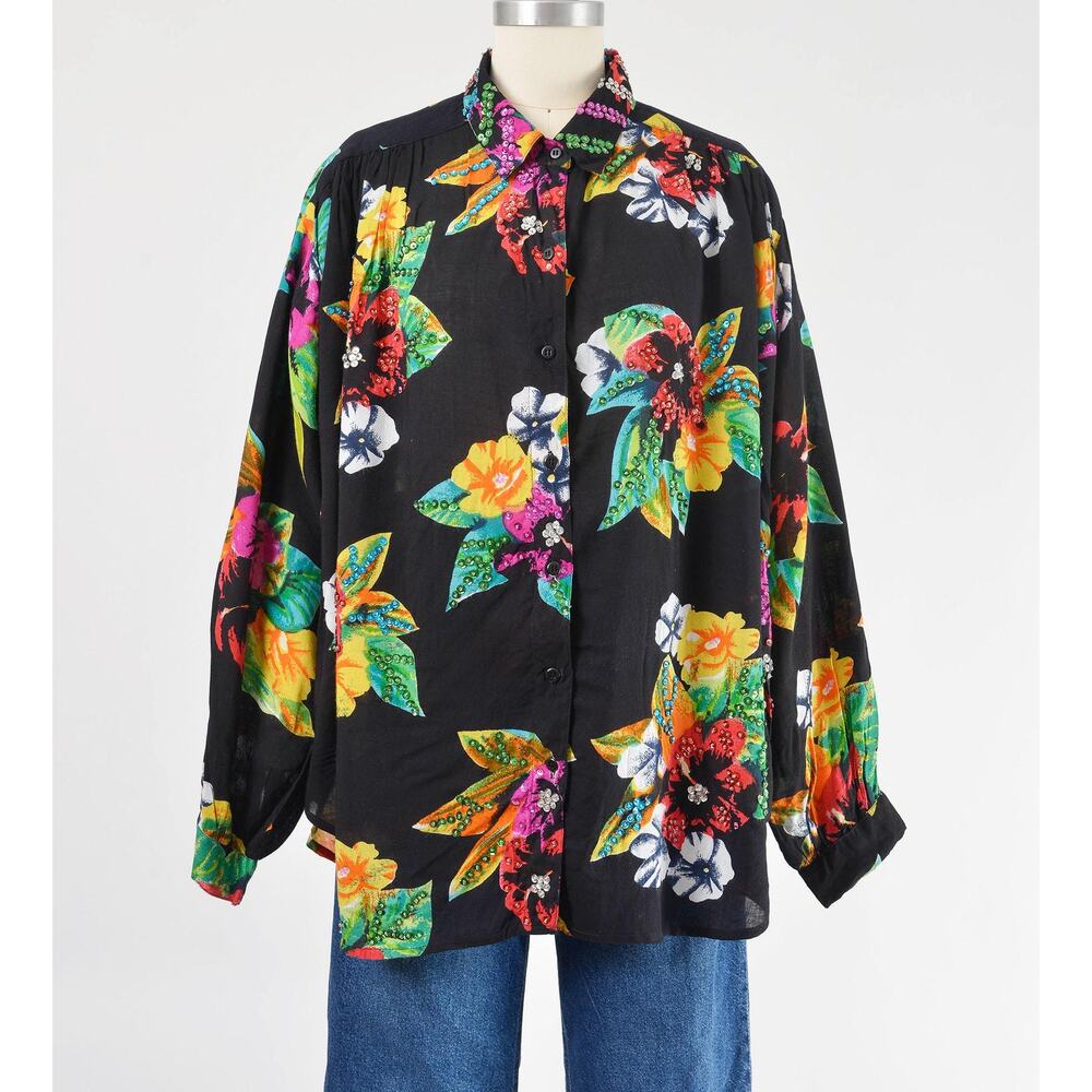 Vintage 90s Black Tropical Floral Beaded Button Down Blouse size L XXL - Picture 2 of 9